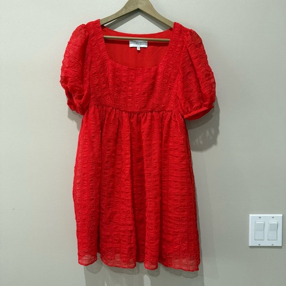 L'Academie Rene Babydoll Puff Sleeve Mini Dress Poppy Red XS - Picture 2 of 10